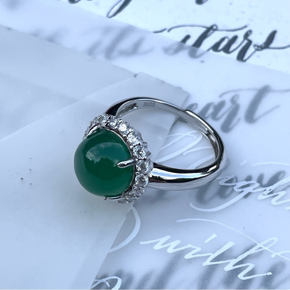 Elegant Silver Green Gemstone Halo Ring S925 Adjustable Band New
